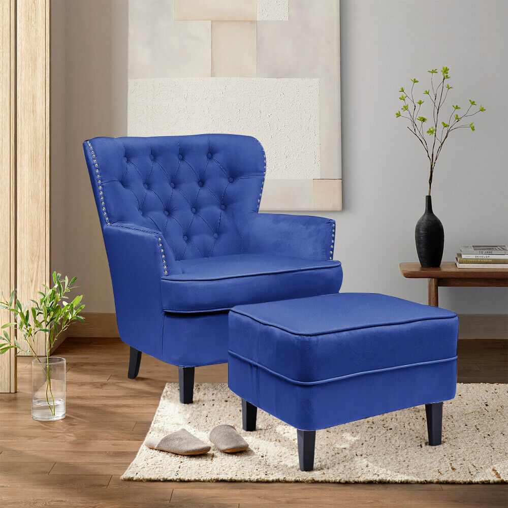 Scallop Back Velvet Armchair Occasional Accent Chair Soft Seat Sofa w/ Footstool