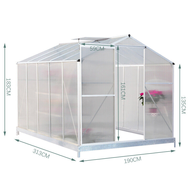 4-Size Greenhouse Polycarbonate Aluminium Walk-in Metal Green Base& Sliding Door