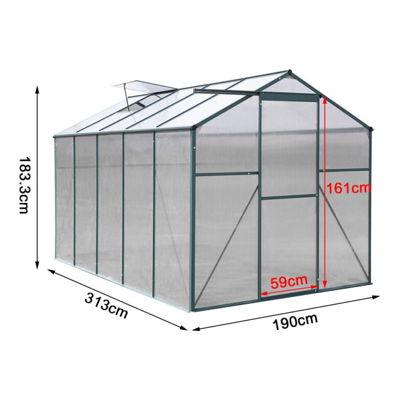4/6/8/10ft Aluminium Greenhouse w/ Door Window PC Panels Plant Grow Garden Shed