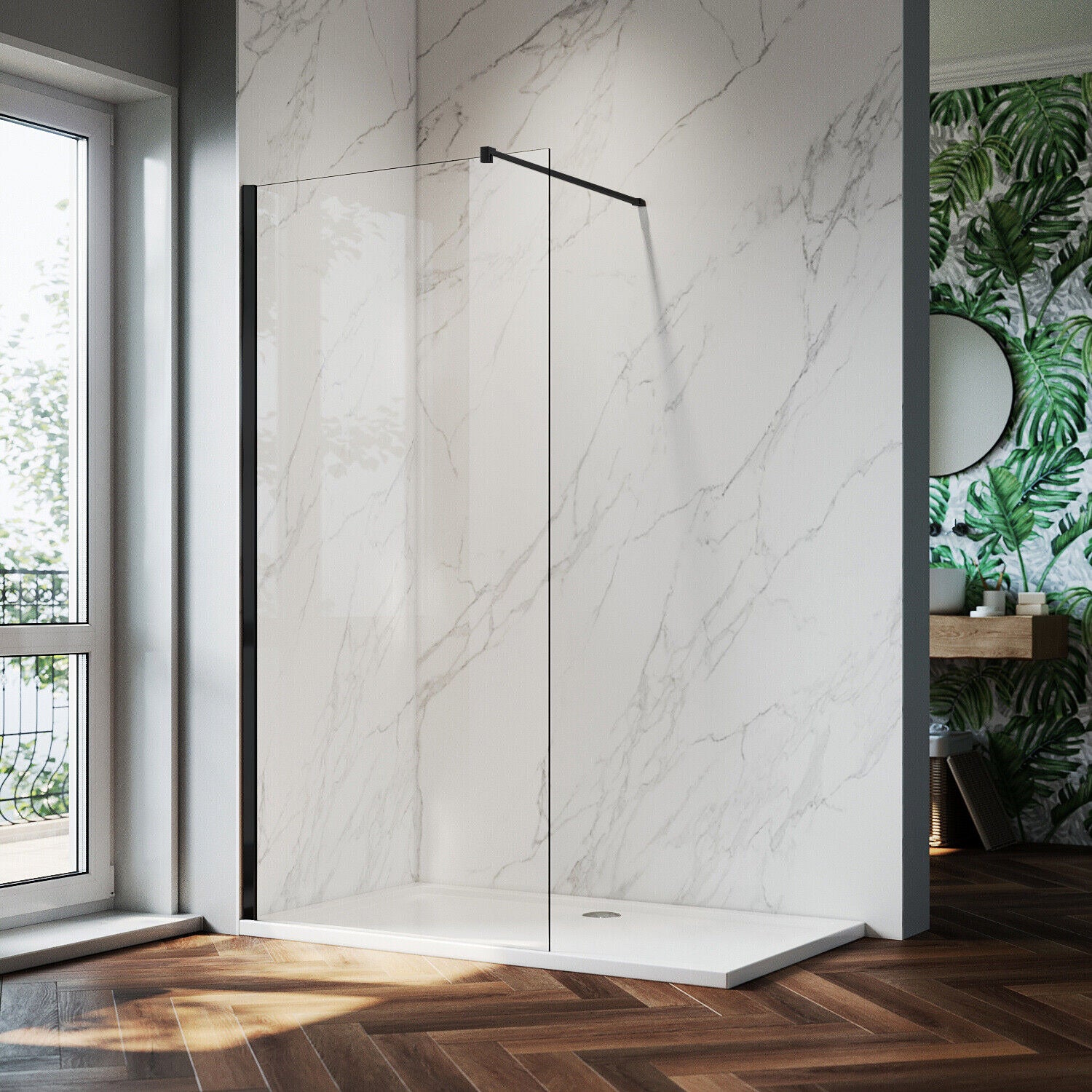 Black Shower Enclosure Screen With 180° Flipper Walk In Wet Room 8mm NANO Glass