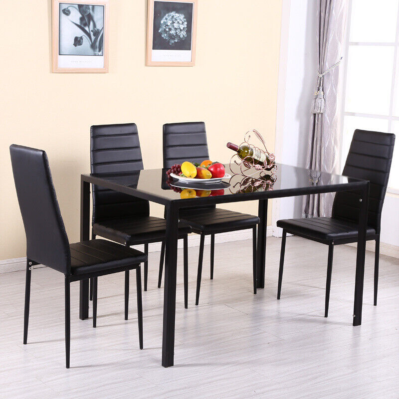 Black Tempered Glass Dining Table & 2/4/6 Faux Leather Chairs Set Home Furniture