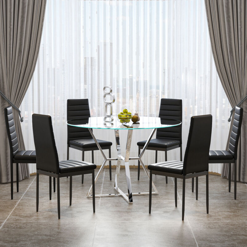 120cm Clear Glass Round Dining Table 2 4 6 Faux Leather Chair Chrome Legs Lounge