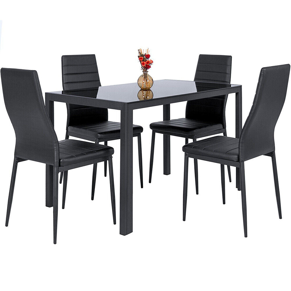 Glass Top Dining Table & Chairs Set of 4/6 High Back Seat Kitchen Room Furniture