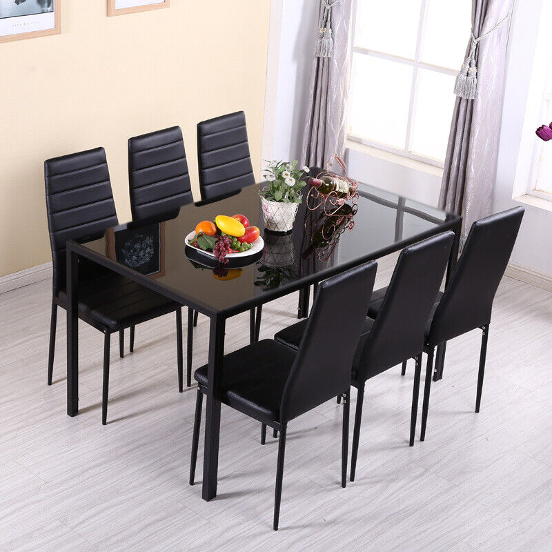 Glass Top Dining Table & Chairs Set of 4/6 High Back Seat Kitchen Room Furniture