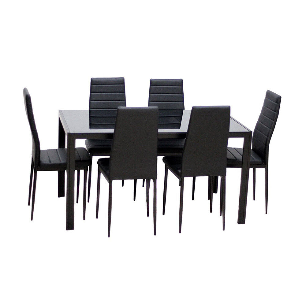 Black Tempered Glass Dining Table & 2/4/6 Faux Leather Chairs Set Home Furniture