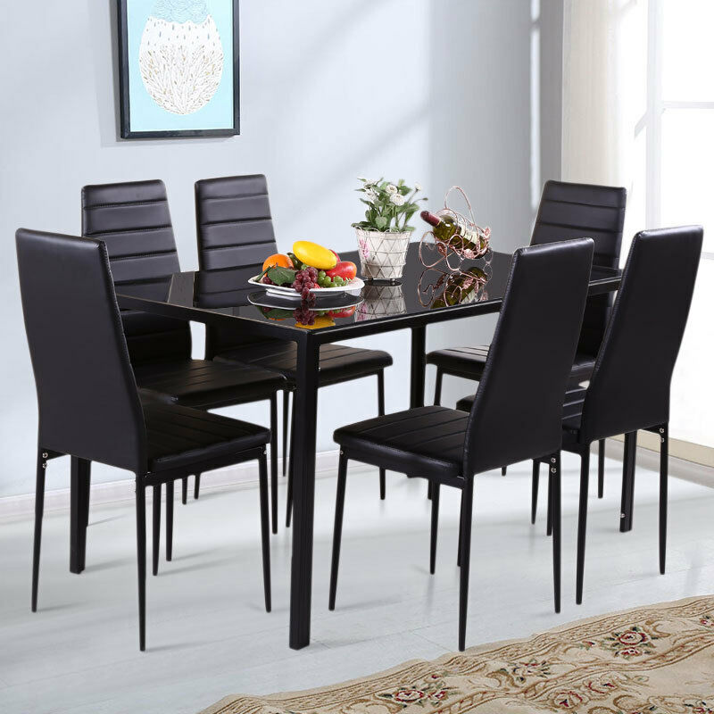 Black Glass Dining Table and 4 or 6 Padded Chairs Set Home Kitchen Furniture