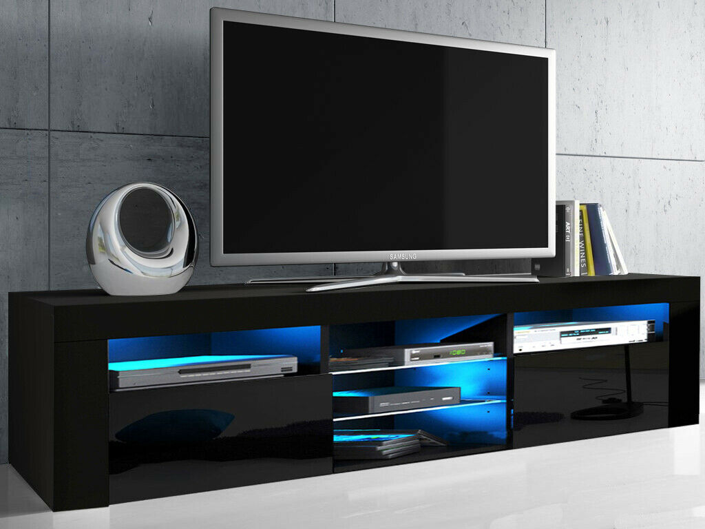 Modern TV Unit Cabinet High Gloss Doors With LED Light TV Stand Sideboard Drawer