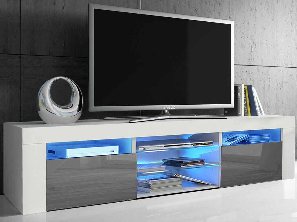 Modern TV Unit Cabinet High Gloss Doors With LED Light TV Stand Sideboard Drawer