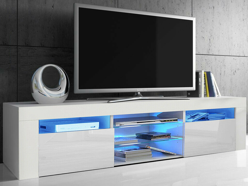Modern TV Unit Cabinet High Gloss Doors With LED Light TV Stand Sideboard Drawer