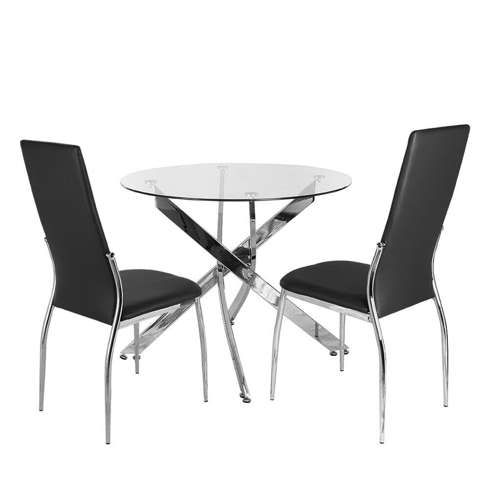 X Chrome Glass Dining Table+2/4 Slope Chairs Faux Leather Metal Legs Living Room