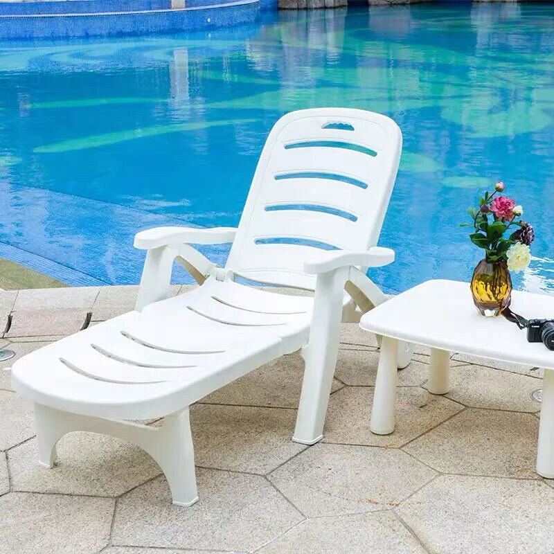 White Plastic Sunlounger Folding Garden Recliner Reclining Deck Chair Waterproof