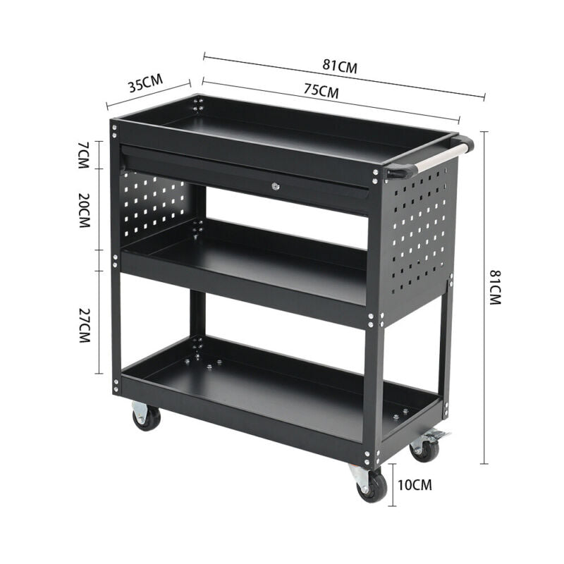 Black Steel Tool Trolley Cabinet with Wheels Workshop Storage Chest Carrier Cart