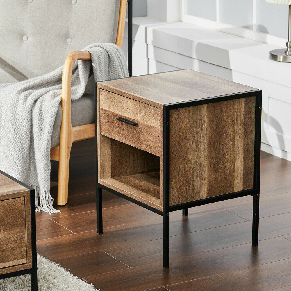 Industrial 1/2 Drawers Bedside Cabinet Table Nightstand Storage Bed Living Room