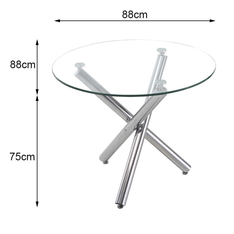 ROUND DINING TABLE-Clear Tempered Glass Top/Chrome X Legs Kitchen Dinning RoomUK