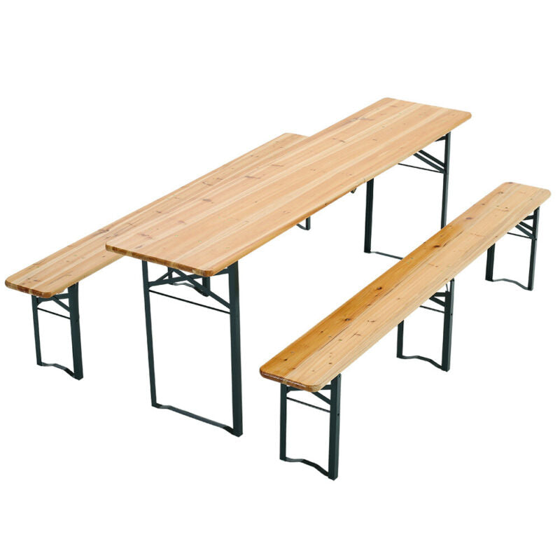 217Cm Long Wooden Folding Beer Party Table Bench Set Trestle Dining Desk 2Chairs