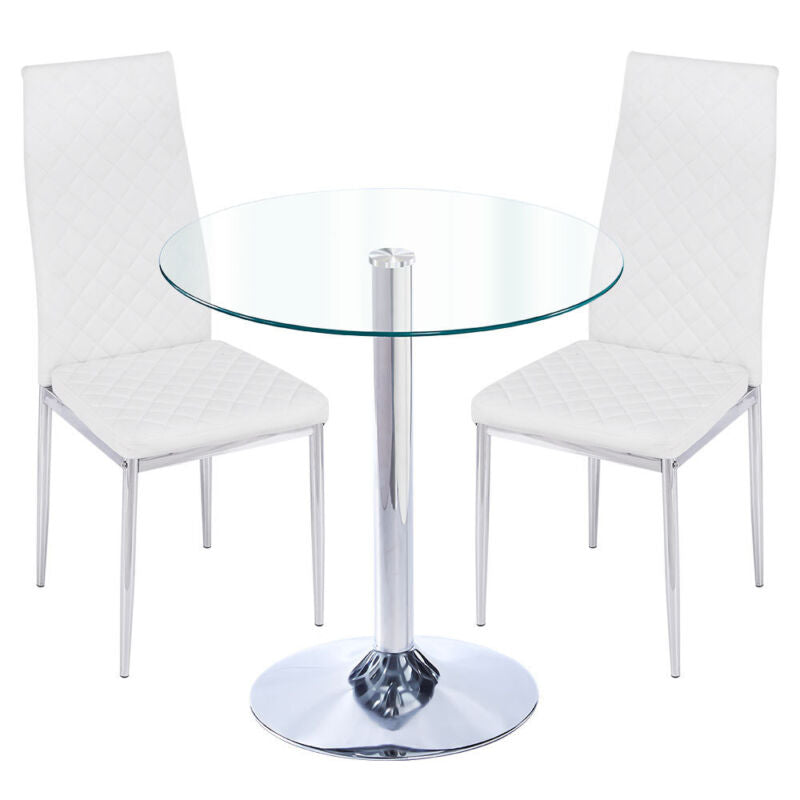 Glass Dining Table And 2/4 White Padded Chairs Set Office Home Kitchen Furniture