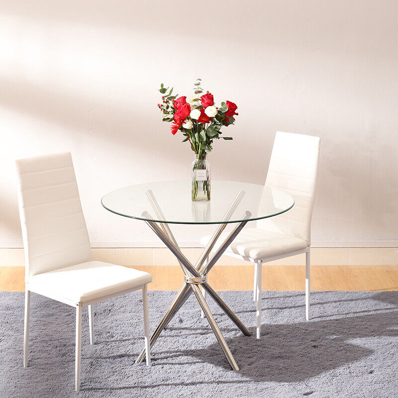 88cm White Round Glass Dining Table and 2/4 Chairs Set Kitchen Dinner Cafe Decor