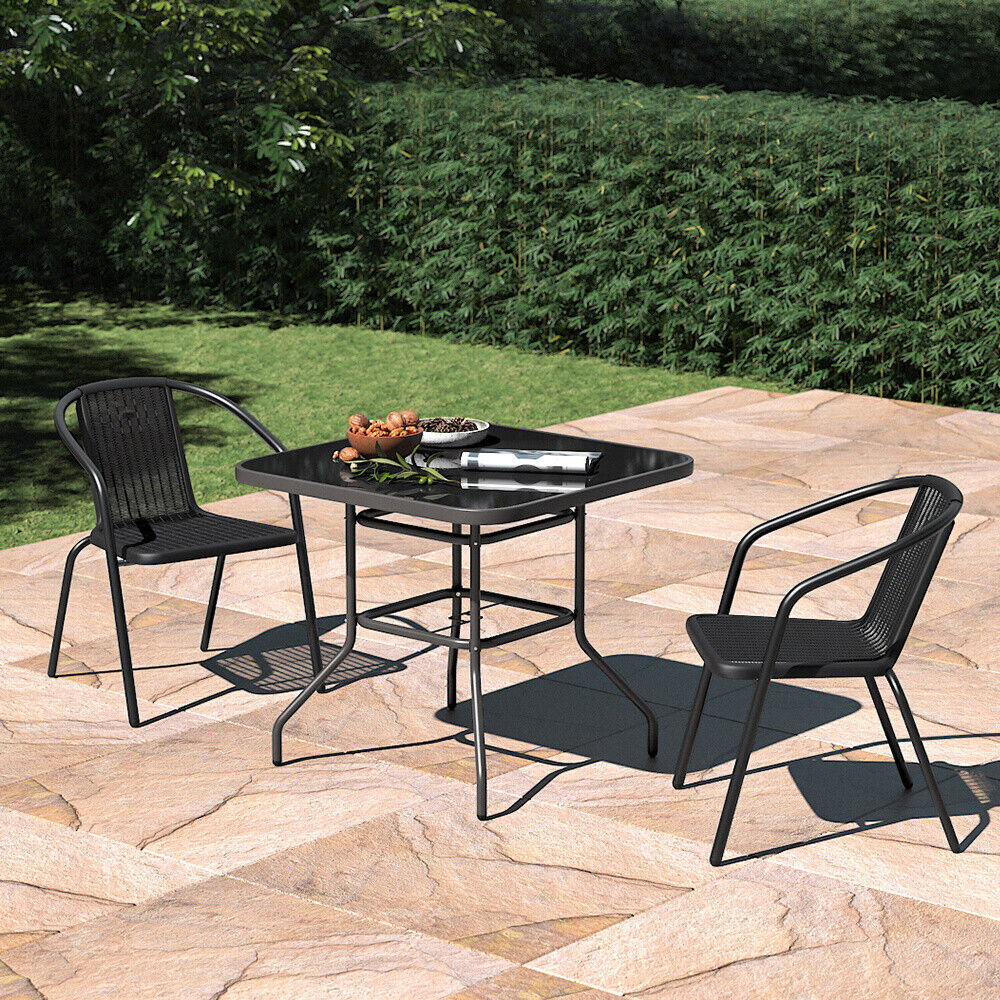 Square Table Glass Top Coffee Dining Balcony 2/4 Chairs Seat Outdoor Furniture