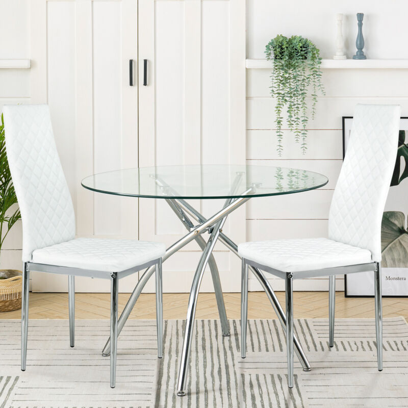 White Dinner Table&Chair Set Chrome Glass Dining Table or Faux Leather Chairs UK