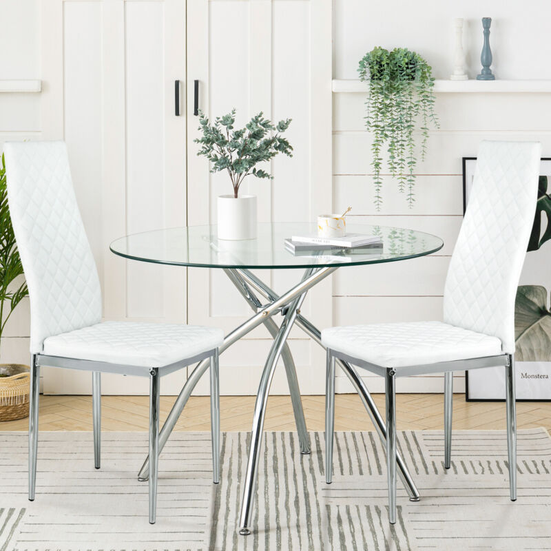 100CM Glass Dining Table Leather 2/4Chairs Set Kitchen Home Furniture Dinner Set