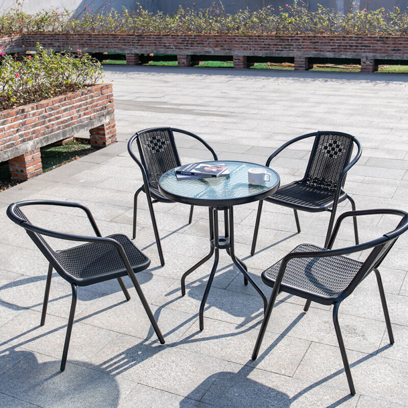 3/5 Piece Round Coffee Table & Rattan Chairs Metal Bistro Balcony Garden Outdoor