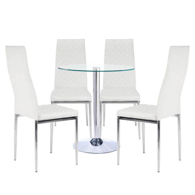 Glass Dining Table And 2/4 White Padded Chairs Set Office Home Kitchen Furniture