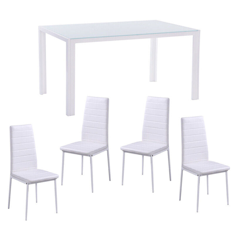 Dining Glass Table and 4 PU Chairs Set Kitchen Dinning Room Bistro Cafe Style UK