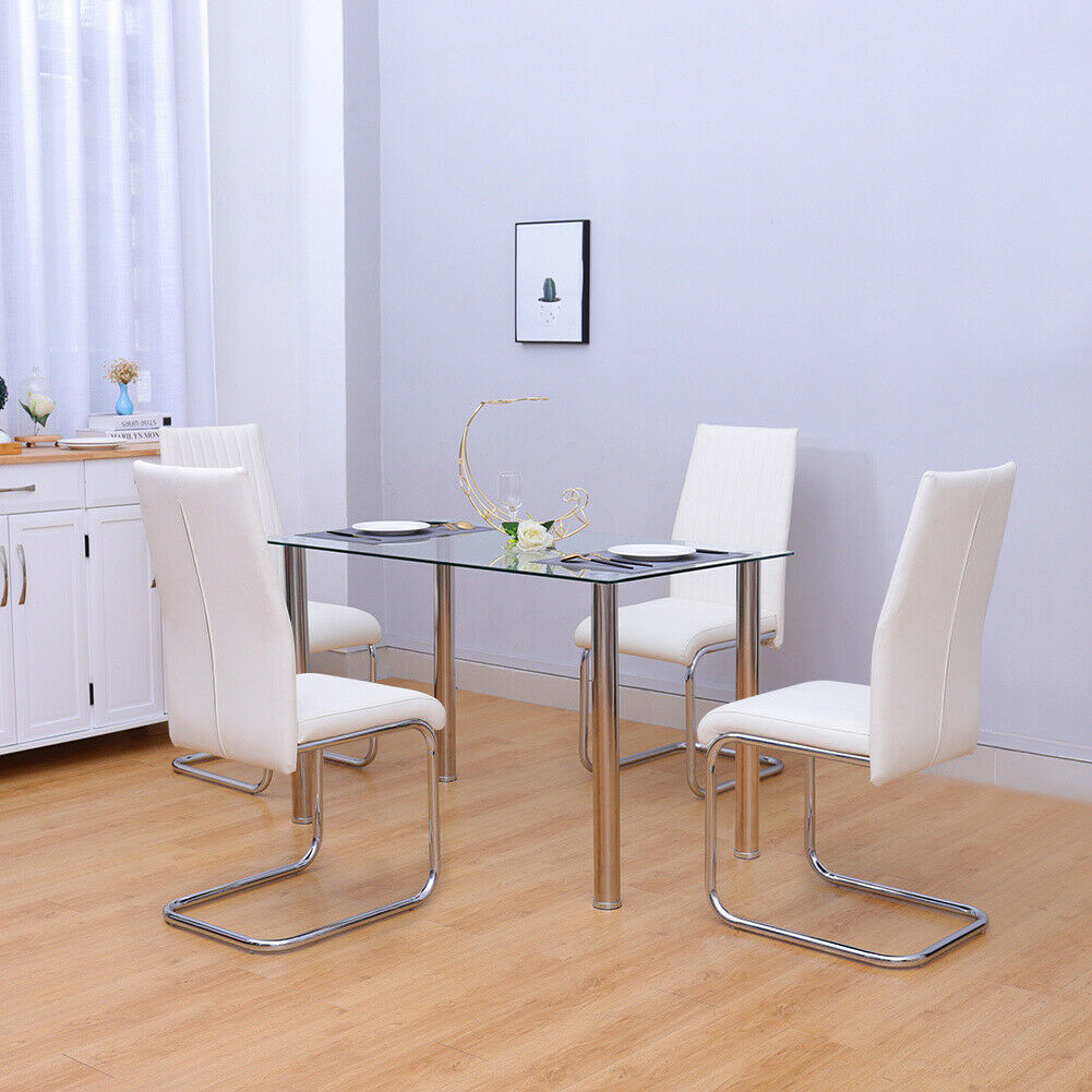 Rectangular Glass Dining Table and 2/4 Chair Faux Leather Padded Seat Chrome Leg
