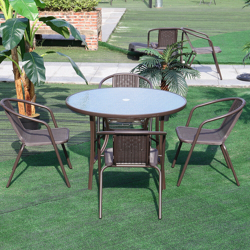 Round Brown Garden Furniture Set 105cm Dining Table Stacking Chairs Cafe Bistro