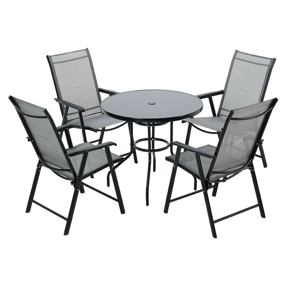 Black Parasol Table Dining Set Garden Folding Chairs 2/4 Seaters Patio Bistro UK