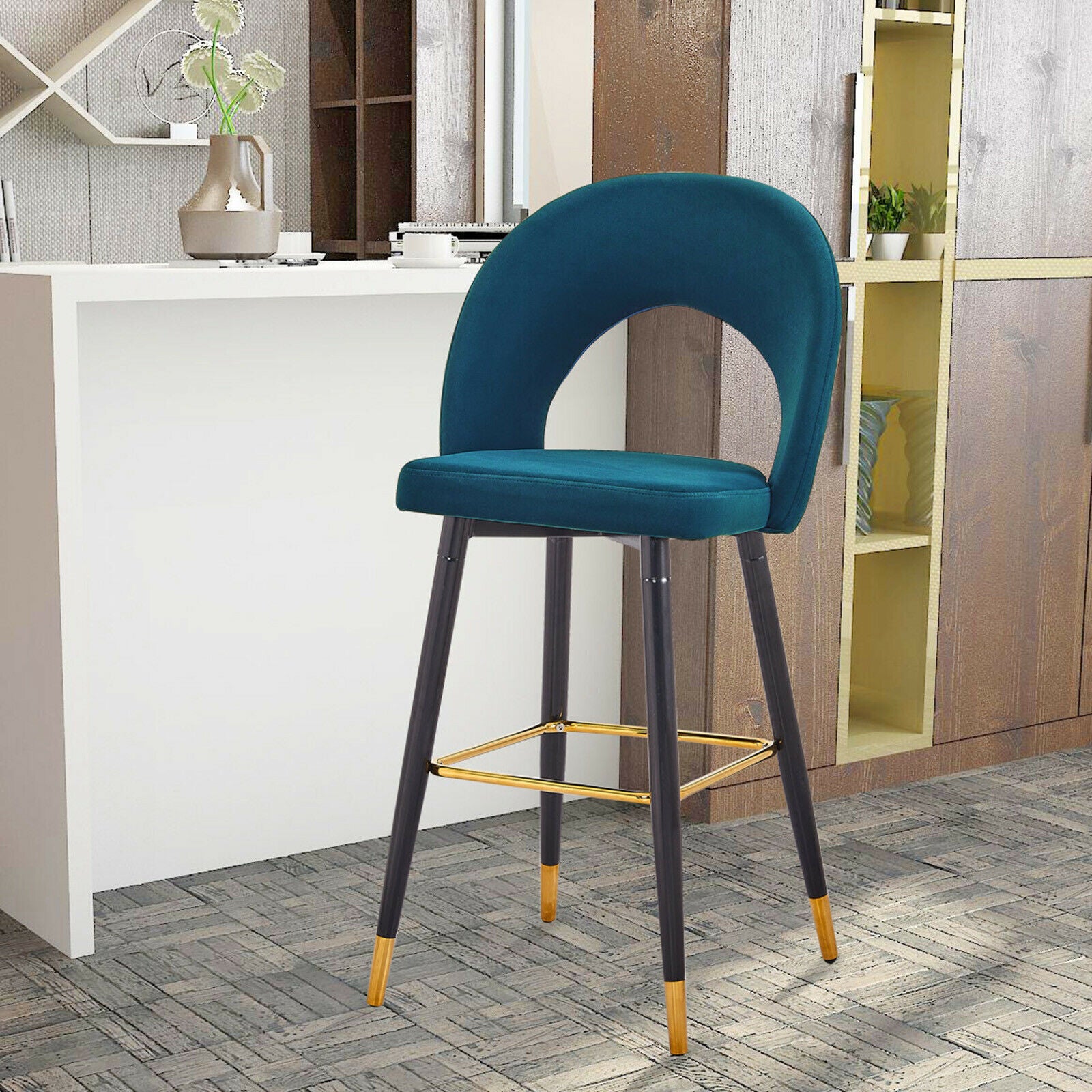 Velvet Bar Stool Modern Breakfast Bar Chair Kitchen Barstool Backrest Metal Legs