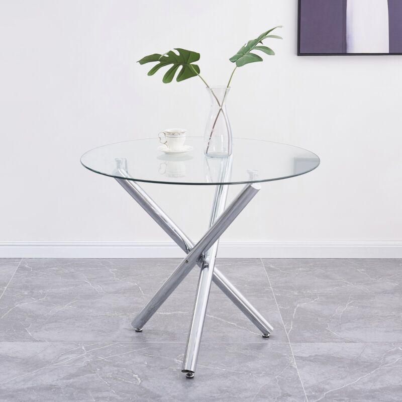 4x Velvet PU Leather Dining Chairs&Round Tempered Glass Dining Table Dining Set