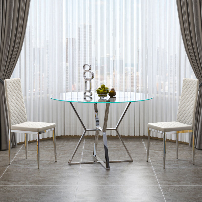 Chrome Kitchen Furniture Glass Dining Table 2 4 6 Leather Chair Round Glass Desk