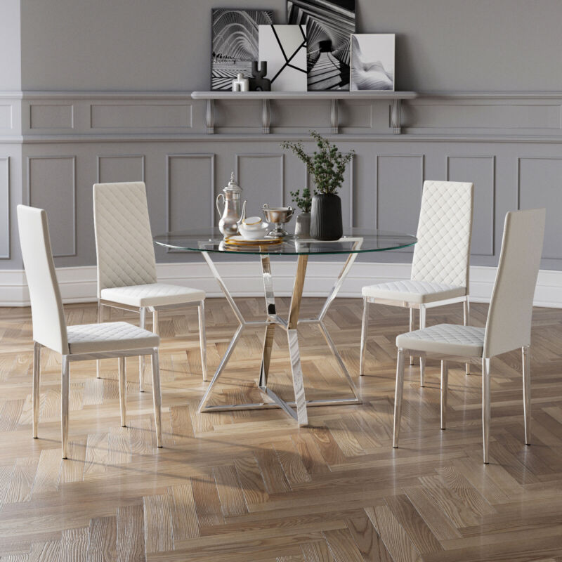 2 4 6Seater Kitchen Dining Set Round Glass Table Faux Leather Chairs Chrome Base