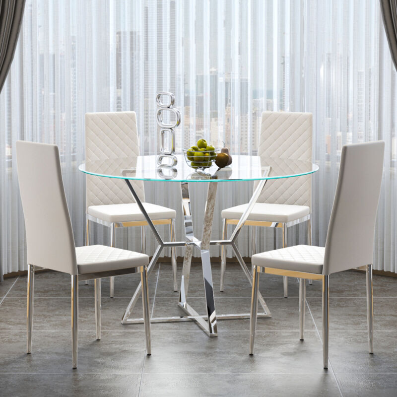 Chrome Kitchen Furniture Glass Dining Table 2 4 6 Leather Chair Round Glass Desk