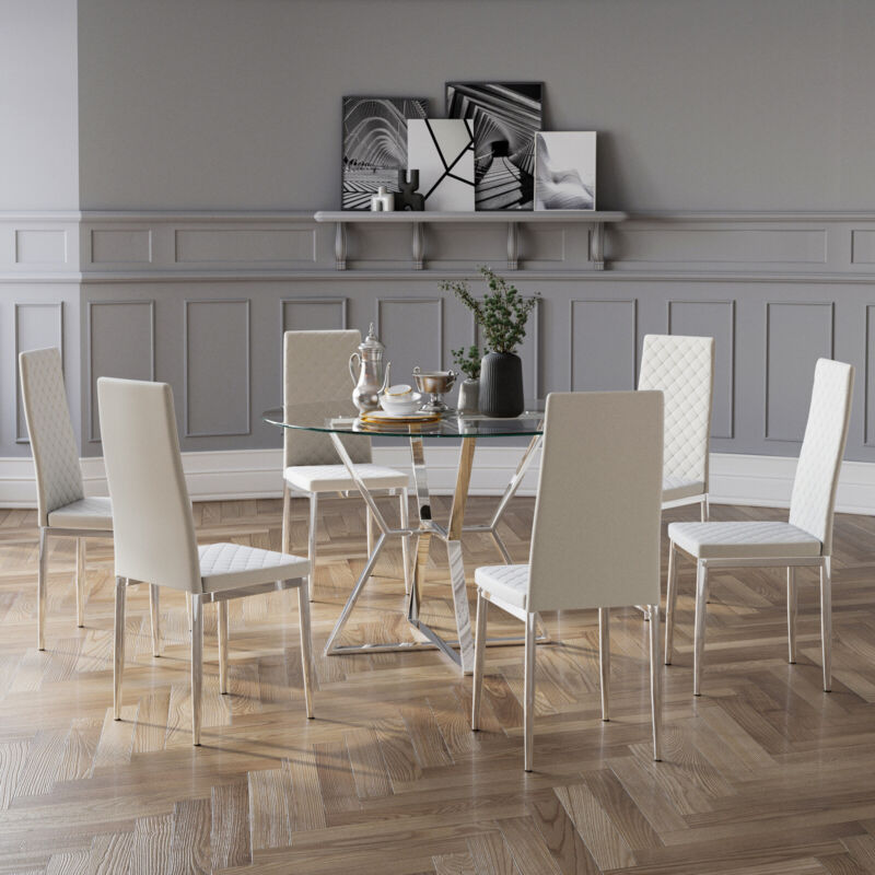 2 4 6Seater Kitchen Dining Set Round Glass Table Faux Leather Chairs Chrome Base