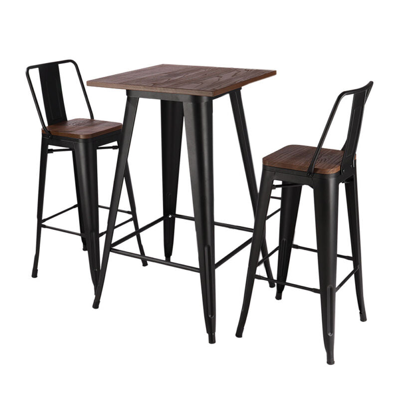 Wood Table Breakfast Bar Dining Table Coffee Tea Table+2/4Stools Metal Legs High