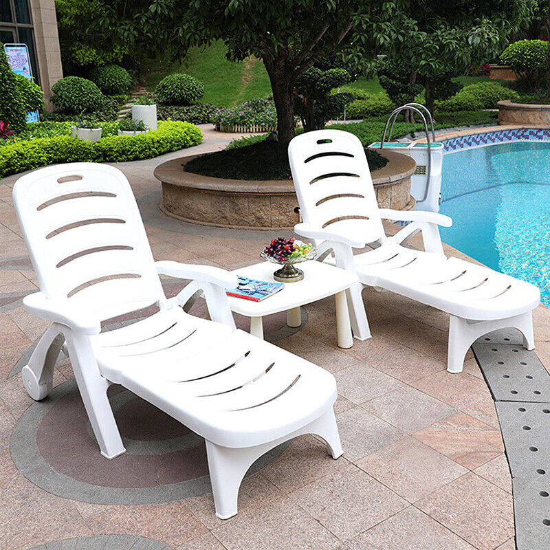 White Plastic Sunlounger Folding Garden Recliner Reclining Deck Chair Quildinc