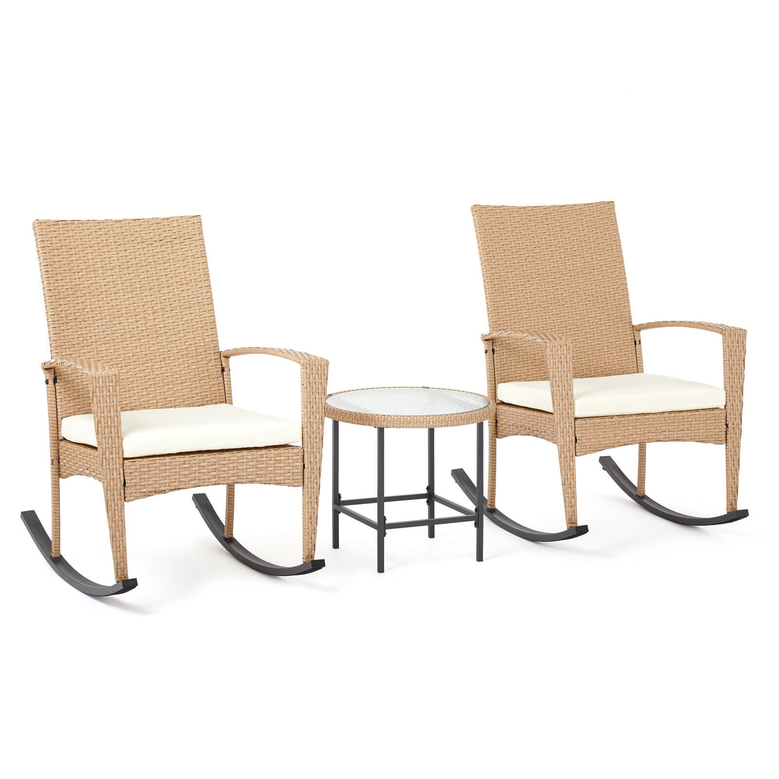 Mondeer Rattan Rocking Chair Garden Chair Set Recliner with Removable Cushion