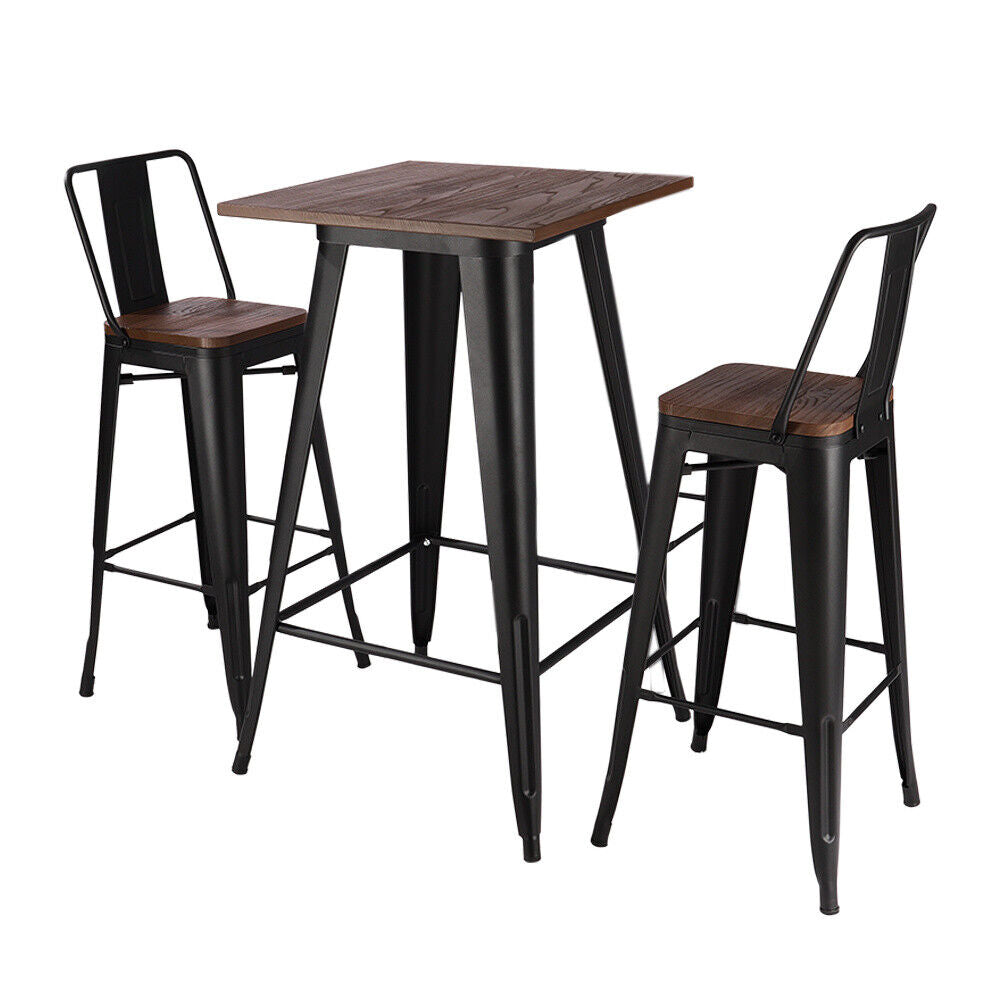 Industrial Metal Wood Bar Table + 2/4 Stools Set Breakfast Bistro Dining Chairs