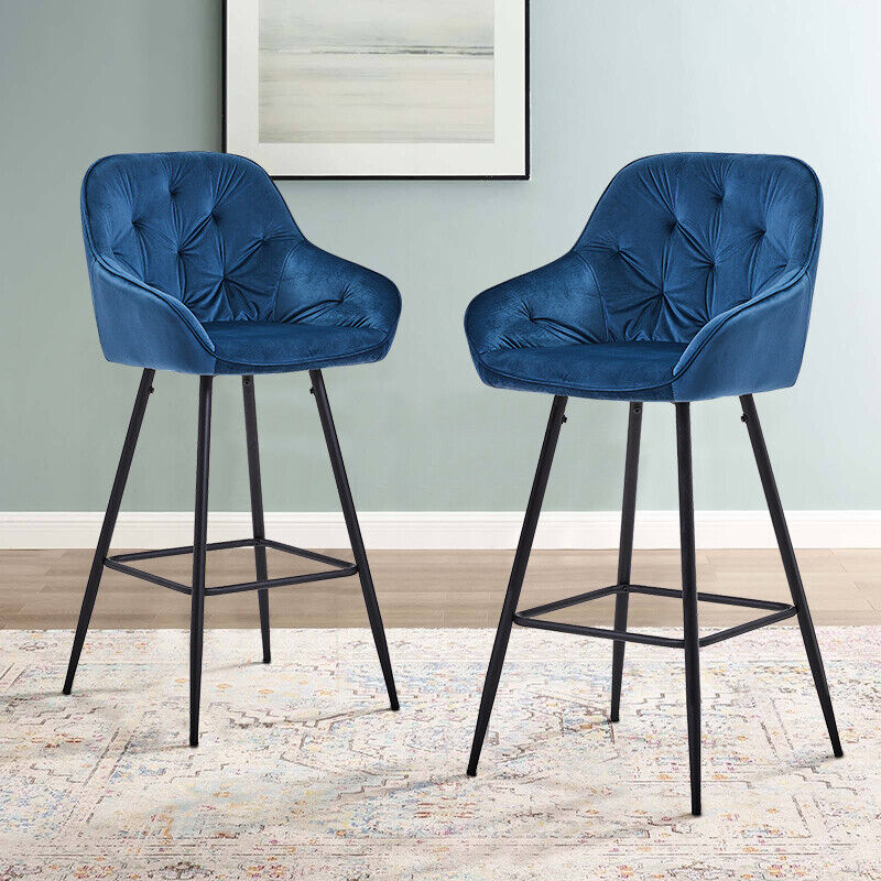 Pair Dining Chairs Bar Stools Dining Room Kitchen Tufted Seat Metal Legs