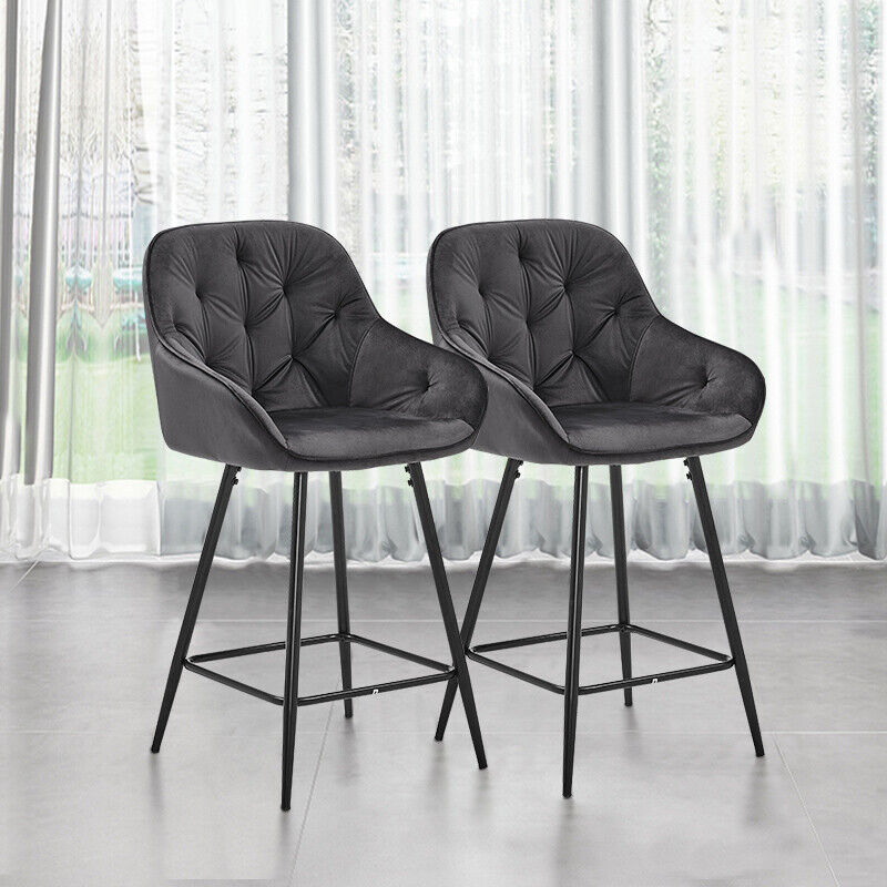 Pair Dining Chairs Bar Stools Dining Room Kitchen Tufted Seat Metal Legs