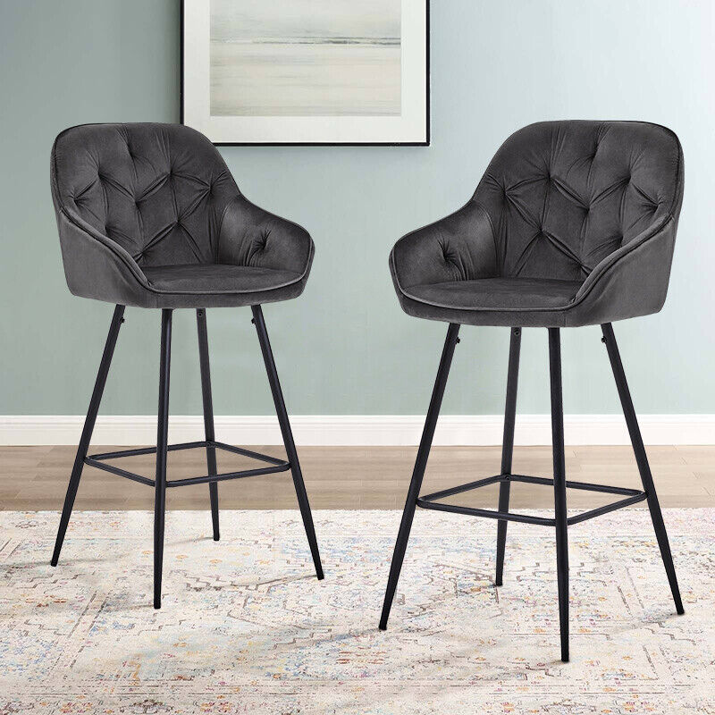 Pair Dining Chairs Bar Stools Dining Room Kitchen Tufted Seat Metal Legs