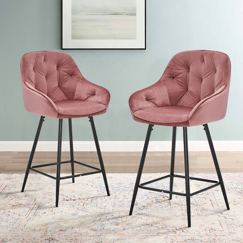 Pair Dining Chairs Bar Stools Dining Room Kitchen Tufted Seat Metal Legs