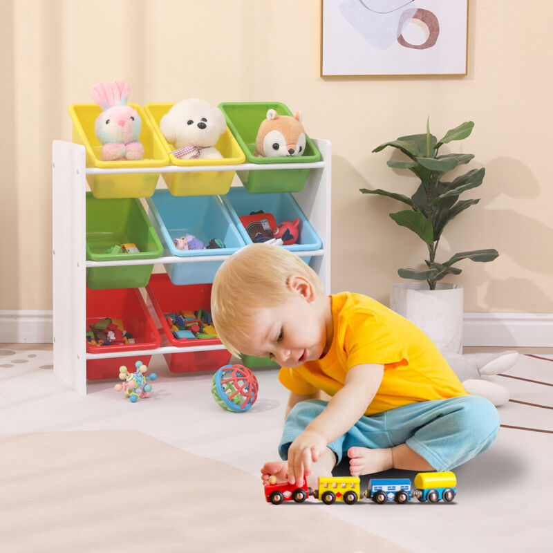 Children Bookshelf Kids Sling Book Rack with Storage Bins Toys Organizer White