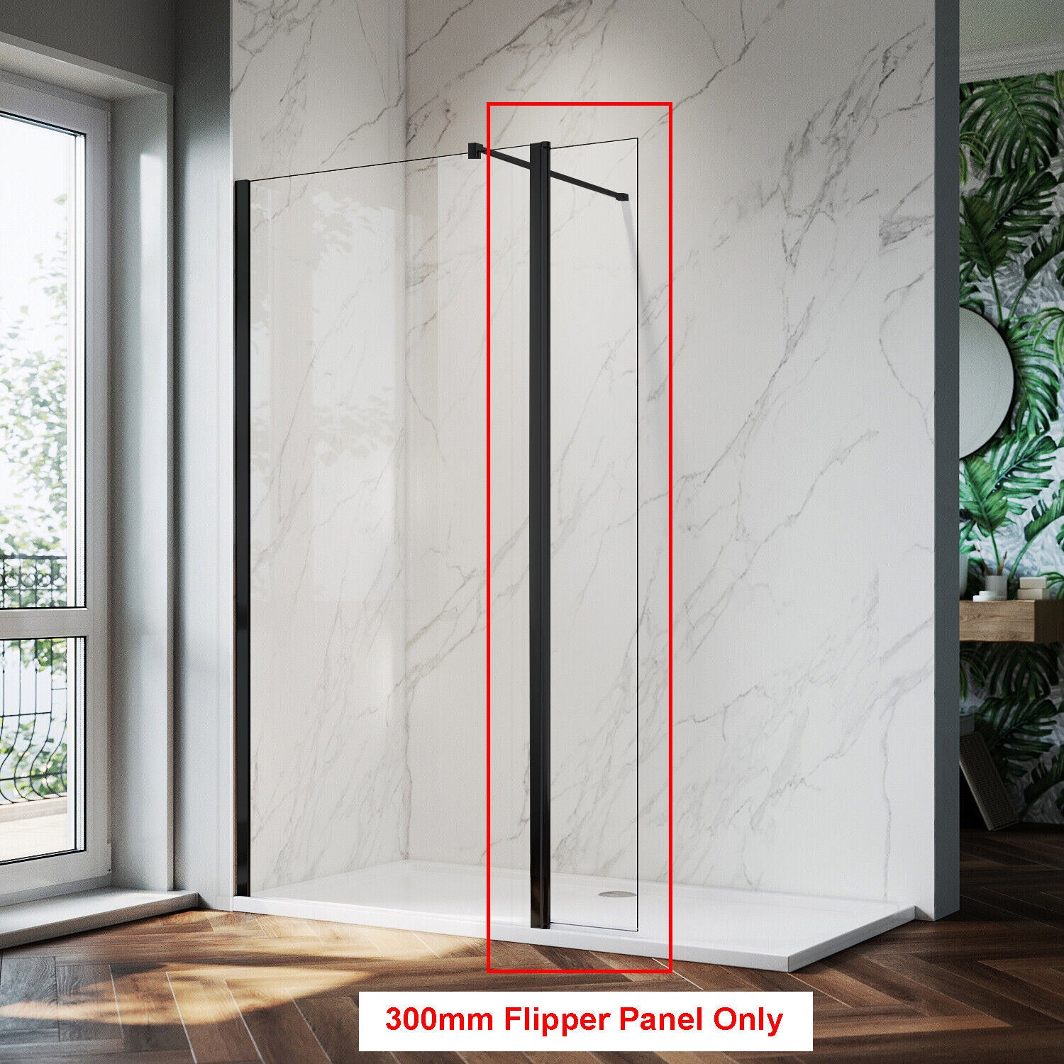 Black Shower Enclosure Screen With 180° Flipper Walk In Wet Room 8mm NANO Glass
