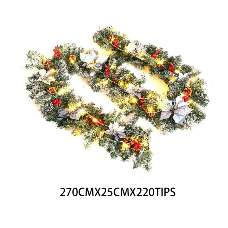 9ft Thick Christmas Garland XMAS Decorative Pre-Lit LED Lights Door Shop Wreath