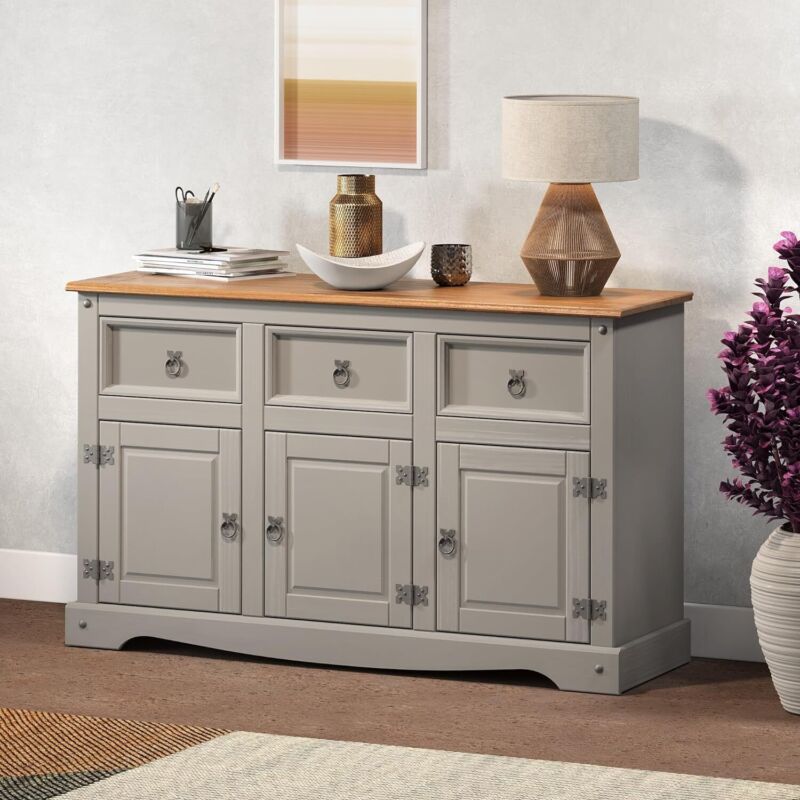 Corona Sideboard Grey Wax 3 Door 3 Drawer Solid Pine Dining Furniture®