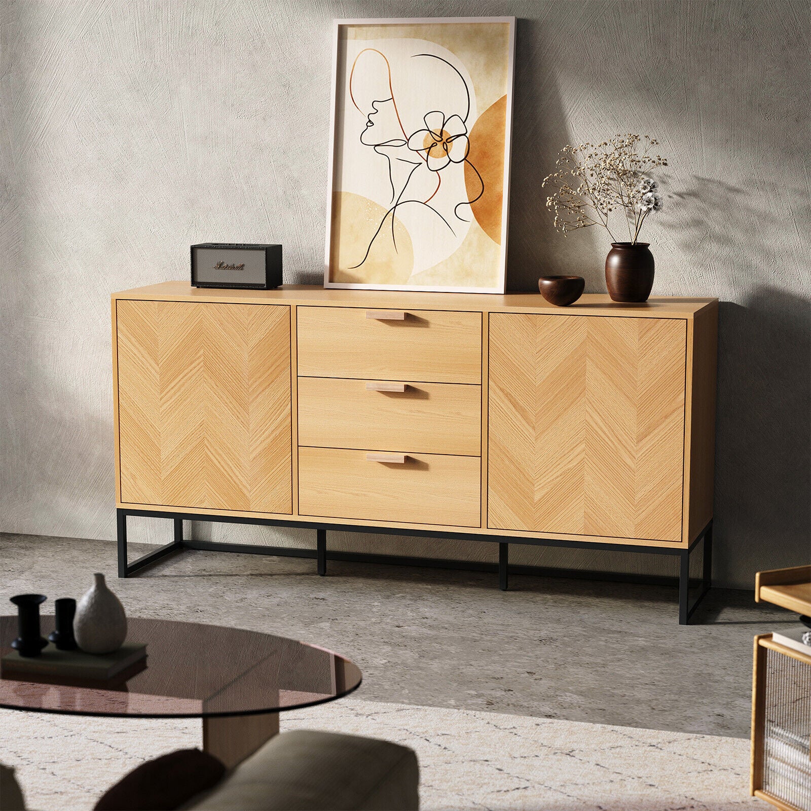 Rustic Chest Drawers Rattan Woven Sideboard Vintage Side Cabinet Storage Hallway