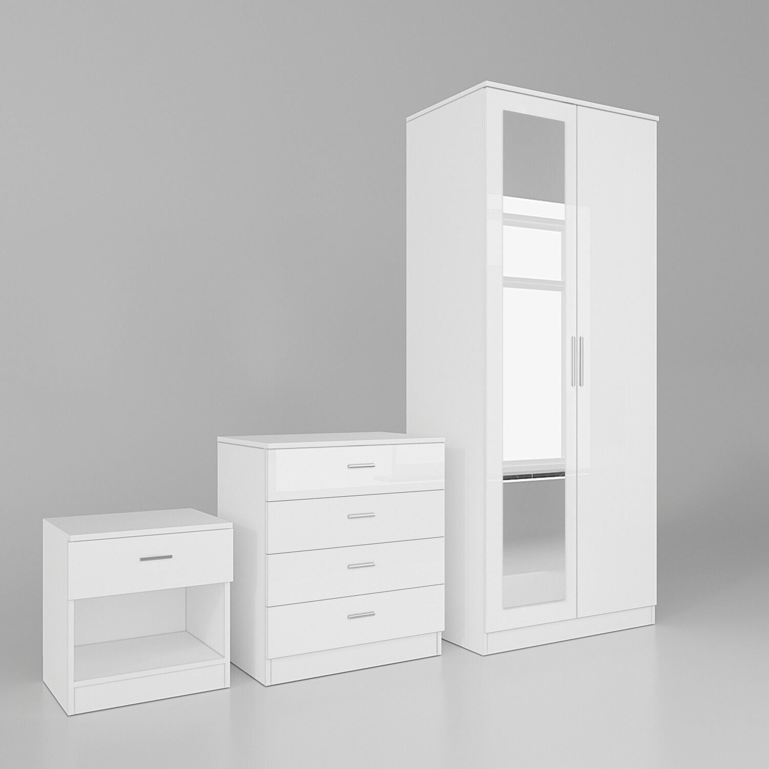 High Gloss Bedroom Furniture Set Wardrobe Chest of 4 Drawers Beside Table White